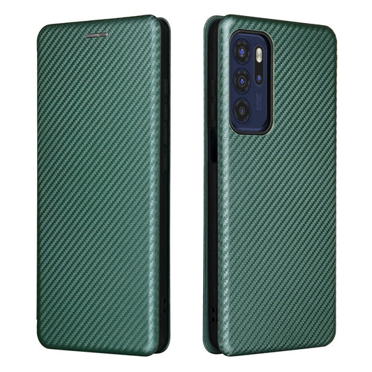 Carbon Fiber Texture Leather Automatic Absorption Case with Card Slot and Ring Strap for Motorola Moto G60S - Green