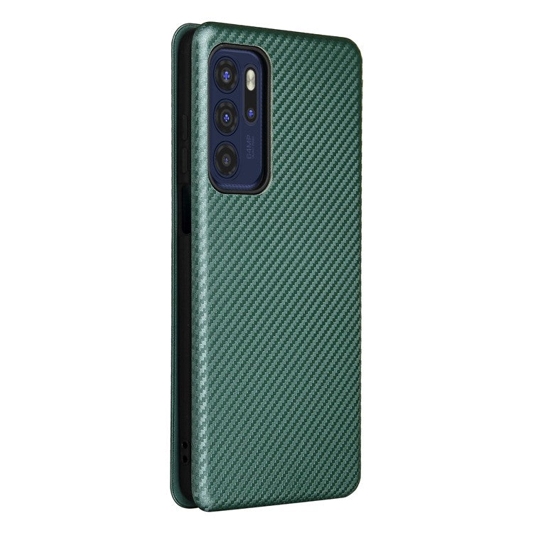 Carbon Fiber Texture Leather Automatic Absorption Case with Card Slot and Ring Strap for Motorola Moto G60S - Green
