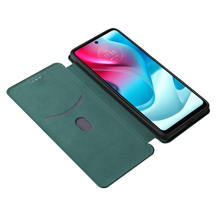 Carbon Fiber Texture Leather Automatic Absorption Case with Card Slot and Ring Strap for Motorola Moto G60S - Green