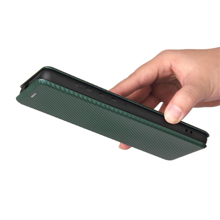 Carbon Fiber Texture Leather Automatic Absorption Case with Card Slot and Ring Strap for Motorola Moto G60S - Green