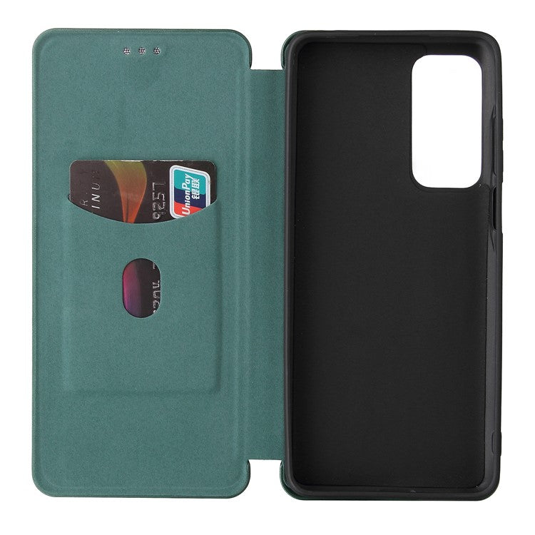 Carbon Fiber Texture Leather Automatic Absorption Case with Card Slot and Ring Strap for Motorola Moto G60S - Green