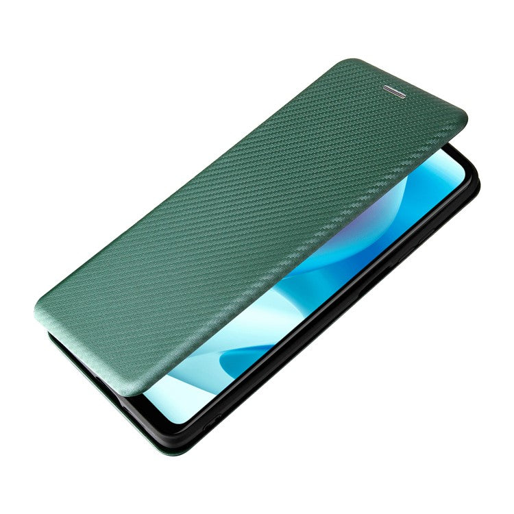 Carbon Fiber Texture Leather Automatic Absorption Case with Card Slot and Ring Strap for Motorola Moto G60S - Green