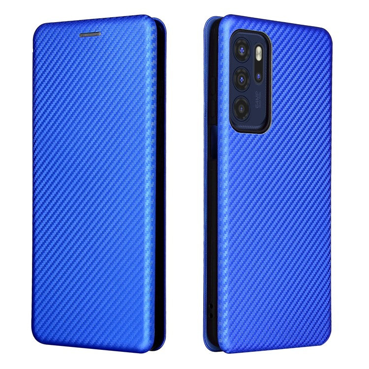 Carbon Fiber Texture Leather Automatic Absorption Case with Card Slot and Ring Strap for Motorola Moto G60S - Blue