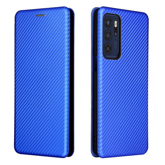 Carbon Fiber Texture Leather Automatic Absorption Case with Card Slot and Ring Strap for Motorola Moto G60S - Blue