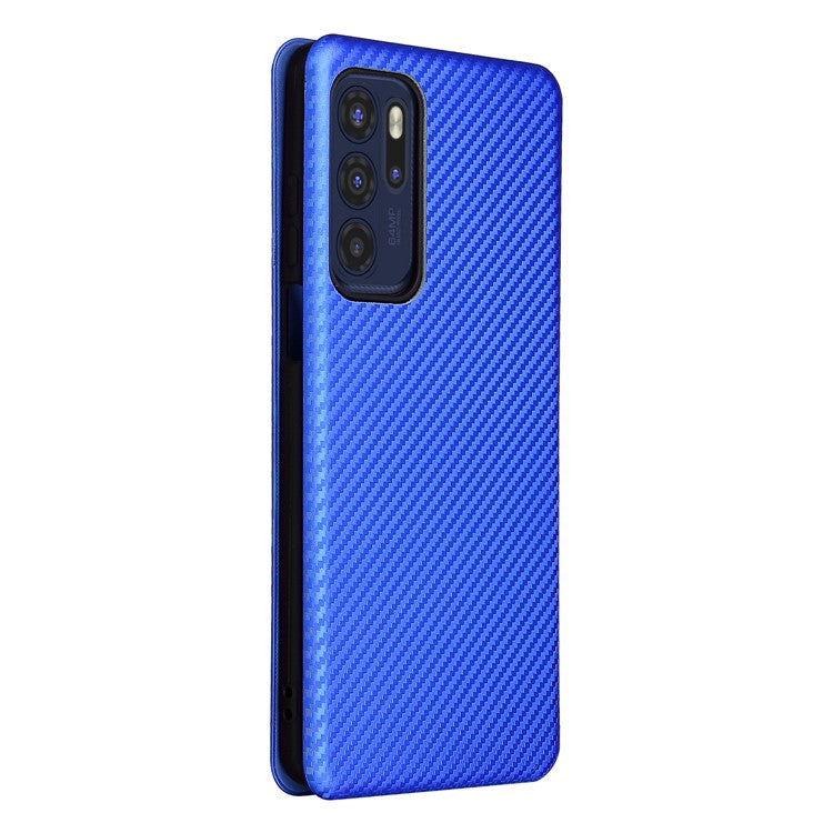 Carbon Fiber Texture Leather Automatic Absorption Case with Card Slot and Ring Strap for Motorola Moto G60S - Blue