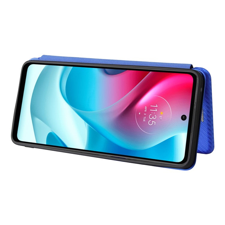 Carbon Fiber Texture Leather Automatic Absorption Case with Card Slot and Ring Strap for Motorola Moto G60S - Blue