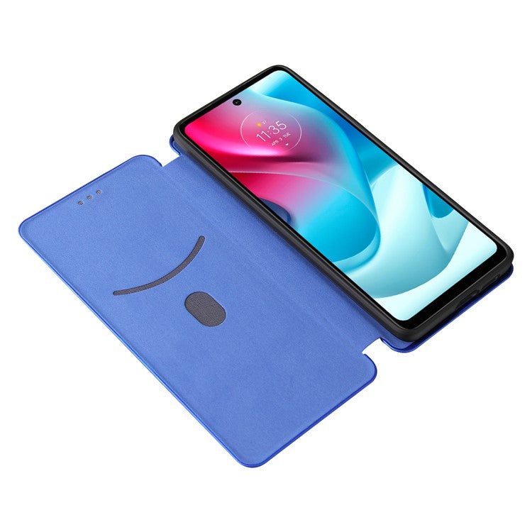 Carbon Fiber Texture Leather Automatic Absorption Case with Card Slot and Ring Strap for Motorola Moto G60S - Blue