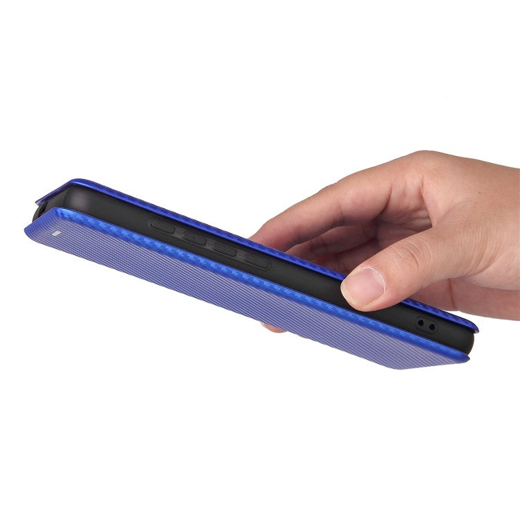 Carbon Fiber Texture Leather Automatic Absorption Case with Card Slot and Ring Strap for Motorola Moto G60S - Blue