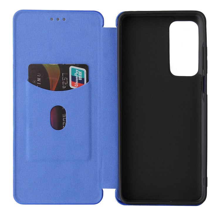Carbon Fiber Texture Leather Automatic Absorption Case with Card Slot and Ring Strap for Motorola Moto G60S - Blue