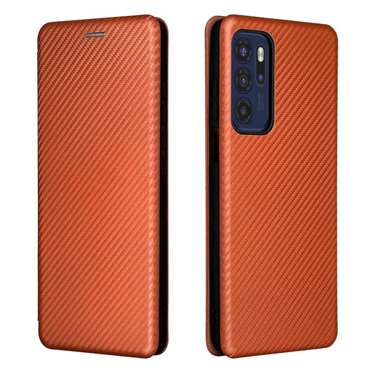 Carbon Fiber Texture Leather Automatic Absorption Case with Card Slot and Ring Strap for Motorola Moto G60S - Orange