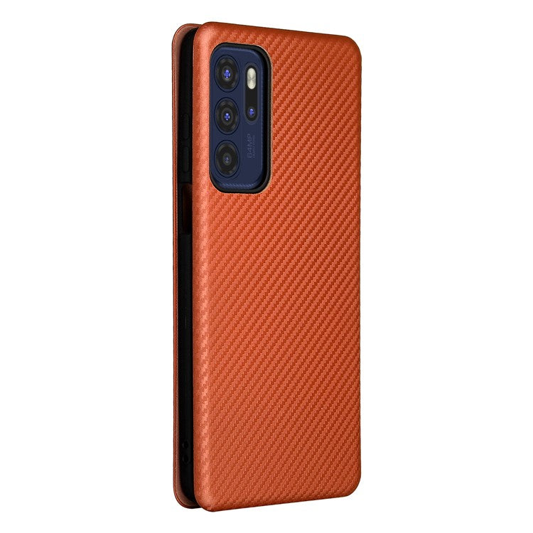 Carbon Fiber Texture Leather Automatic Absorption Case with Card Slot and Ring Strap for Motorola Moto G60S - Orange