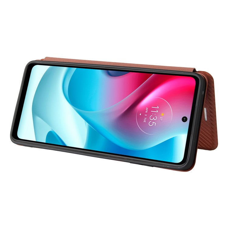 Carbon Fiber Texture Leather Automatic Absorption Case with Card Slot and Ring Strap for Motorola Moto G60S - Orange