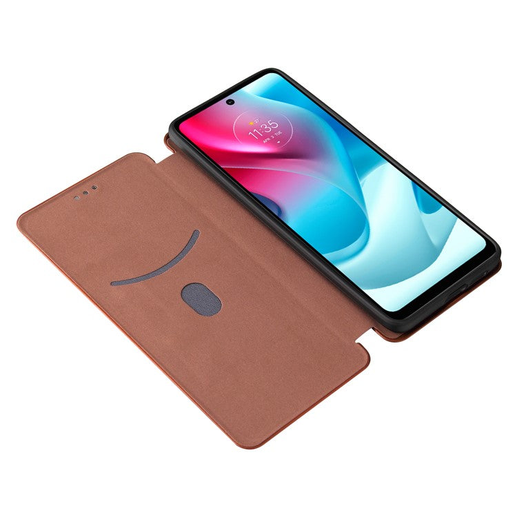 Carbon Fiber Texture Leather Automatic Absorption Case with Card Slot and Ring Strap for Motorola Moto G60S - Orange