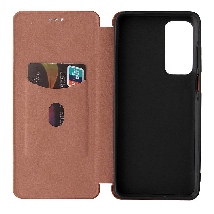 Carbon Fiber Texture Leather Automatic Absorption Case with Card Slot and Ring Strap for Motorola Moto G60S - Orange