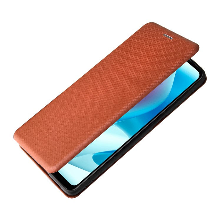 Carbon Fiber Texture Leather Automatic Absorption Case with Card Slot and Ring Strap for Motorola Moto G60S - Orange