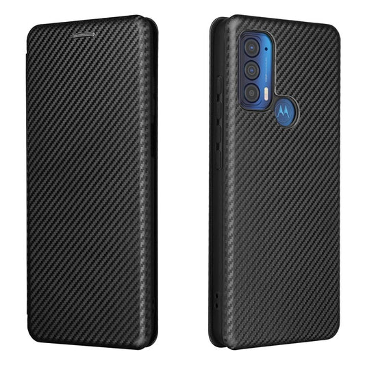 Carbon Fiber Texture Leather Phone Case with Card Slot and Ring Strap for Motorola Edge (2021) - Black