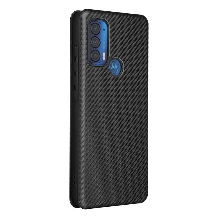 Carbon Fiber Texture Leather Phone Case with Card Slot and Ring Strap for Motorola Edge (2021) - Black