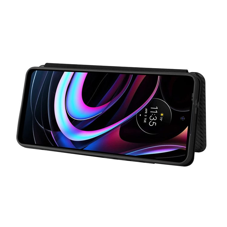 Carbon Fiber Texture Leather Phone Case with Card Slot and Ring Strap for Motorola Edge (2021) - Black