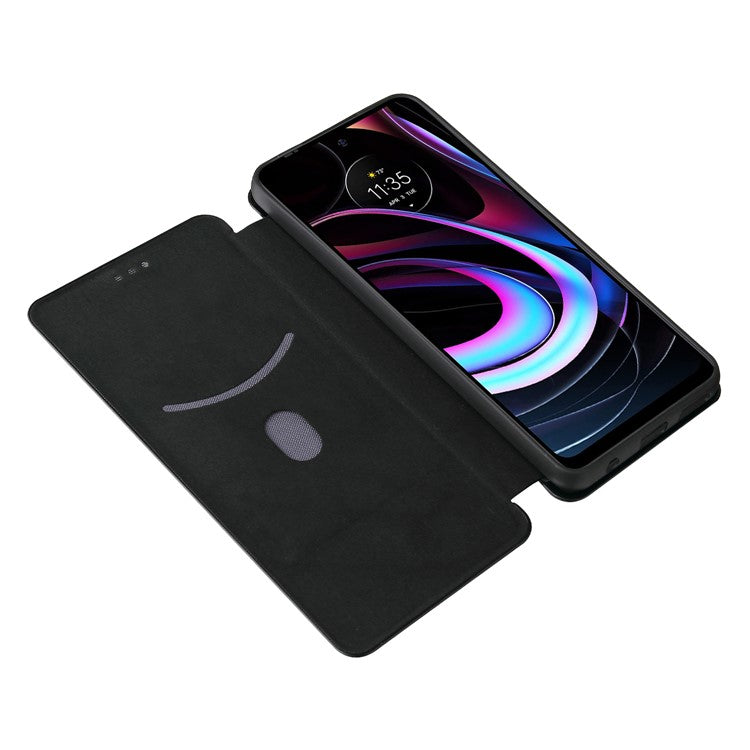 Carbon Fiber Texture Leather Phone Case with Card Slot and Ring Strap for Motorola Edge (2021) - Black