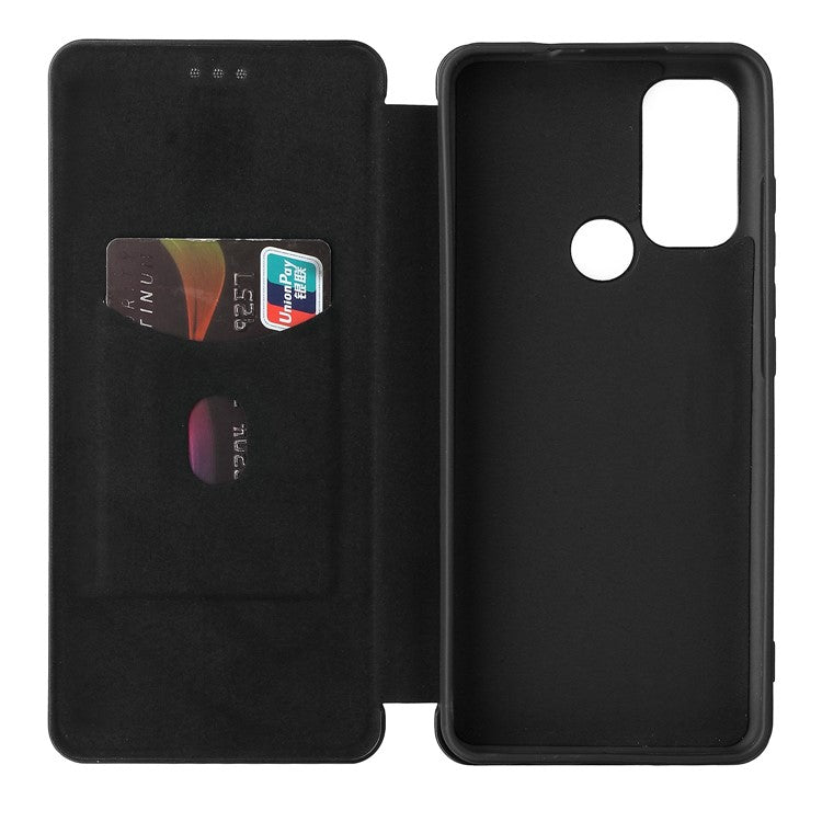 Carbon Fiber Texture Leather Phone Case with Card Slot and Ring Strap for Motorola Edge (2021) - Black