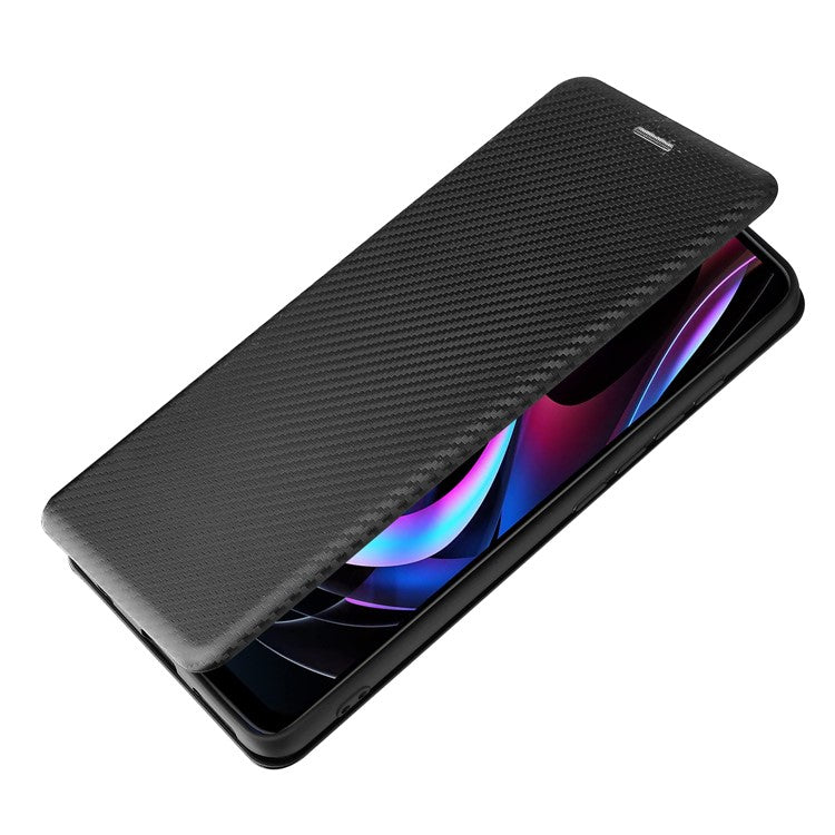 Carbon Fiber Texture Leather Phone Case with Card Slot and Ring Strap for Motorola Edge (2021) - Black