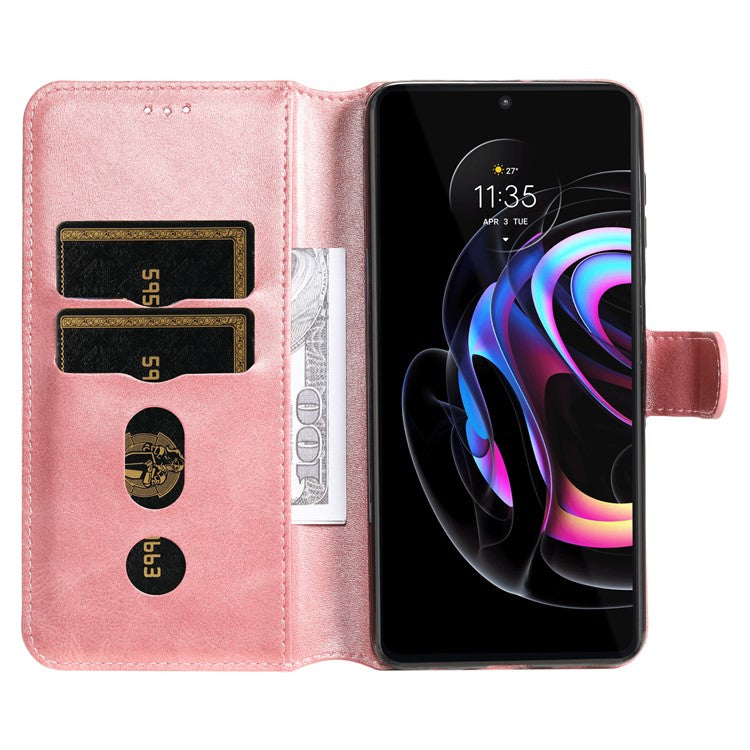 Anti-scratch Shock Resistant Anti Drop Full Protection PU Leather Wallet Stand Phone Cover Case for Motorola Edge 20 Pro - Rose Gold