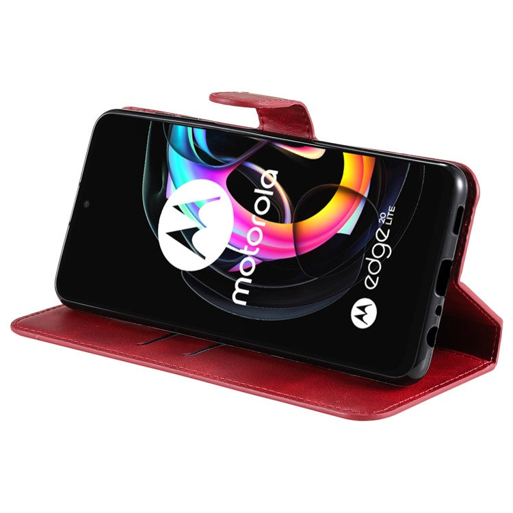 Anti Drop Shock-Resistant Full Protection PU Leather Wallet Stand Phone Cover Case for Motorola Edge 20 Lite - Red