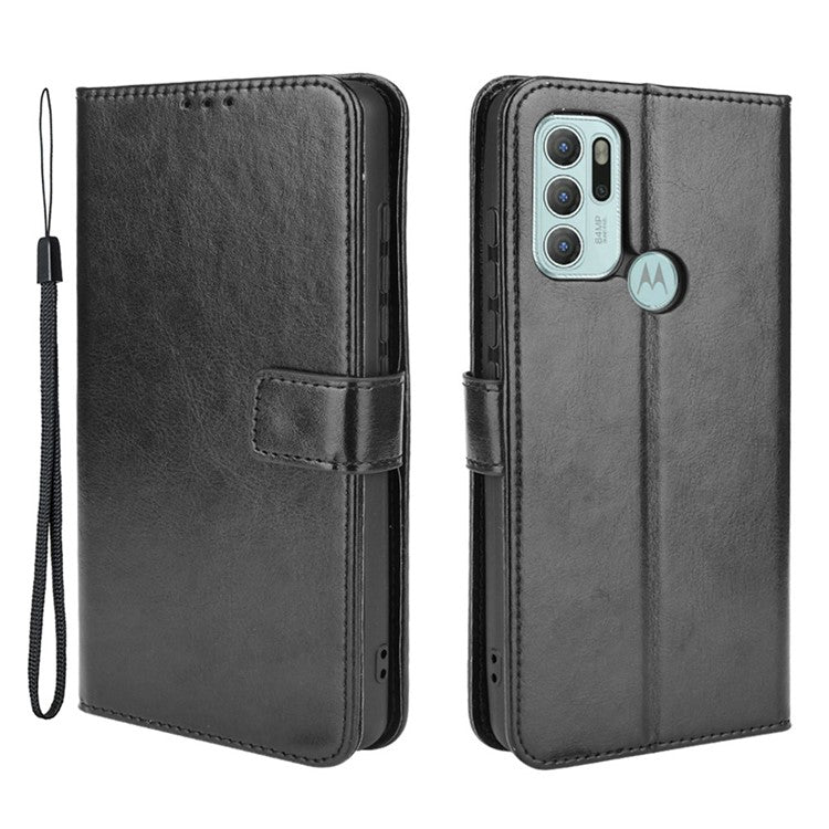 Shockproof Anti-Drop Crazy Horse Texture Leather Wallet Wrist Strap Design Phone Case with Stand for Motorola Moto G60S - Black
