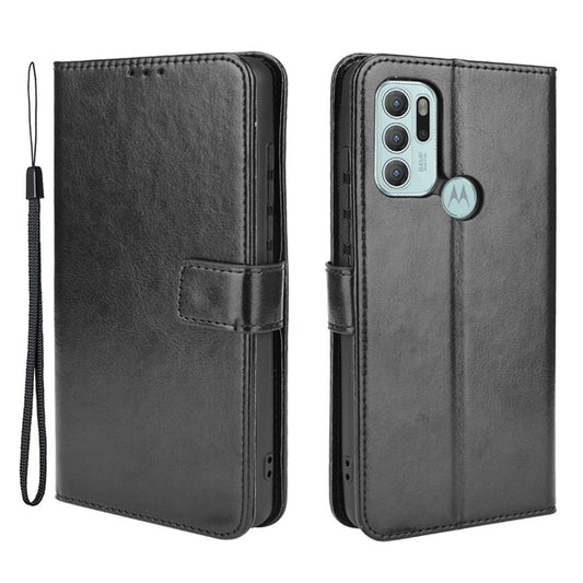 Shockproof Anti-Drop Crazy Horse Texture Leather Wallet Wrist Strap Design Phone Case with Stand for Motorola Moto G60S - Black