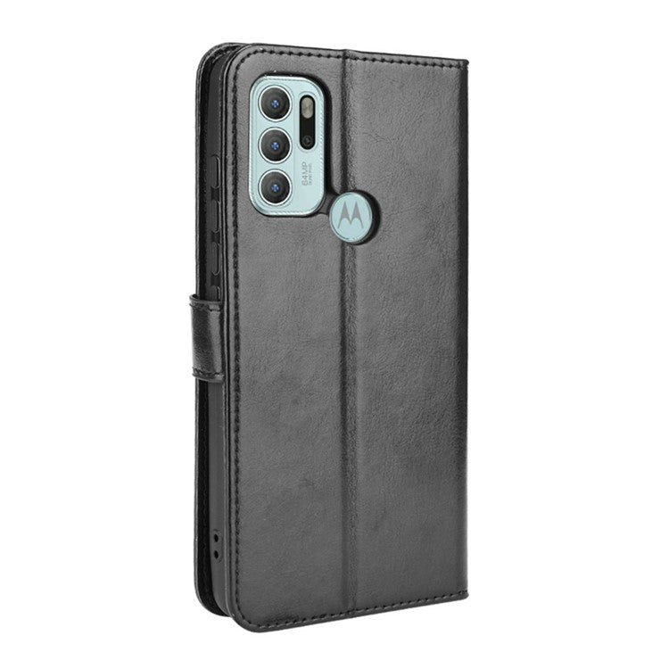Shockproof Anti-Drop Crazy Horse Texture Leather Wallet Wrist Strap Design Phone Case with Stand for Motorola Moto G60S - Black