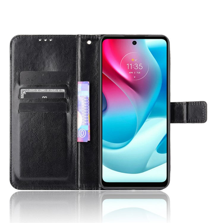 Shockproof Anti-Drop Crazy Horse Texture Leather Wallet Wrist Strap Design Phone Case with Stand for Motorola Moto G60S - Black