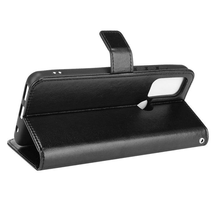 Shockproof Anti-Drop Crazy Horse Texture Leather Wallet Wrist Strap Design Phone Case with Stand for Motorola Moto G60S - Black