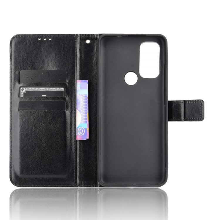 Shockproof Anti-Drop Crazy Horse Texture Leather Wallet Wrist Strap Design Phone Case with Stand for Motorola Moto G60S - Black