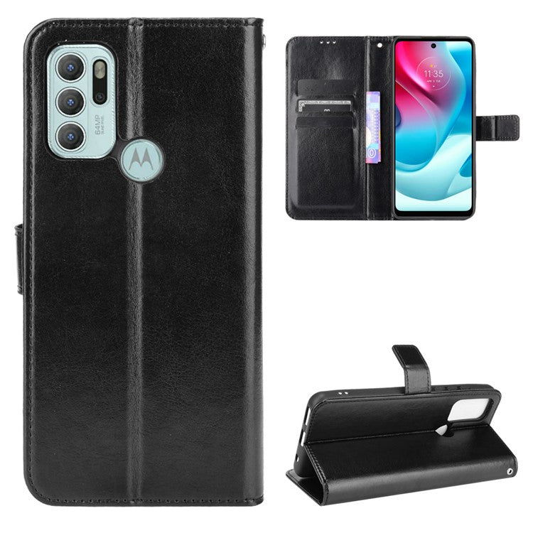 Shockproof Anti-Drop Crazy Horse Texture Leather Wallet Wrist Strap Design Phone Case with Stand for Motorola Moto G60S - Black