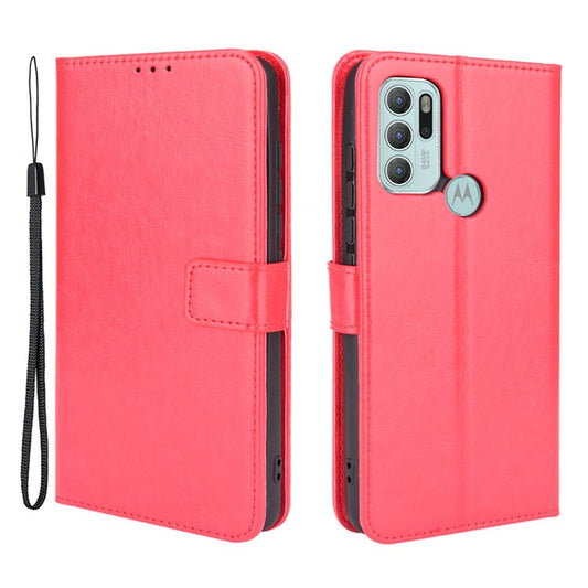 Shockproof Anti-Drop Crazy Horse Texture Leather Wallet Wrist Strap Design Phone Case with Stand for Motorola Moto G60S - Red