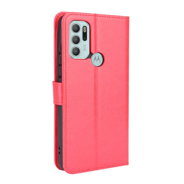 Shockproof Anti-Drop Crazy Horse Texture Leather Wallet Wrist Strap Design Phone Case with Stand for Motorola Moto G60S - Red
