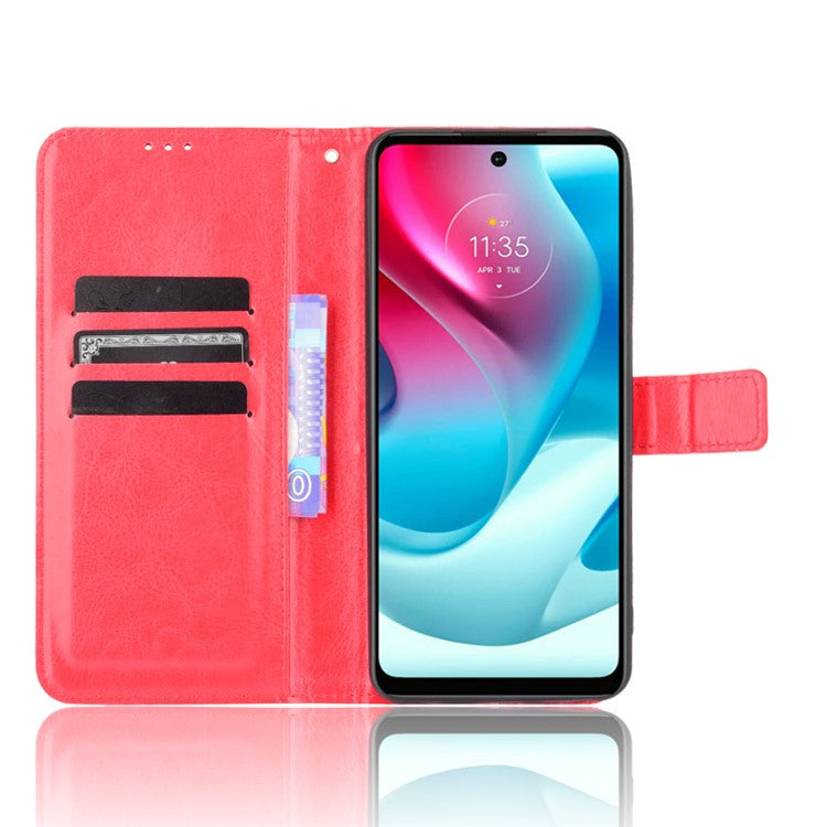 Shockproof Anti-Drop Crazy Horse Texture Leather Wallet Wrist Strap Design Phone Case with Stand for Motorola Moto G60S - Red