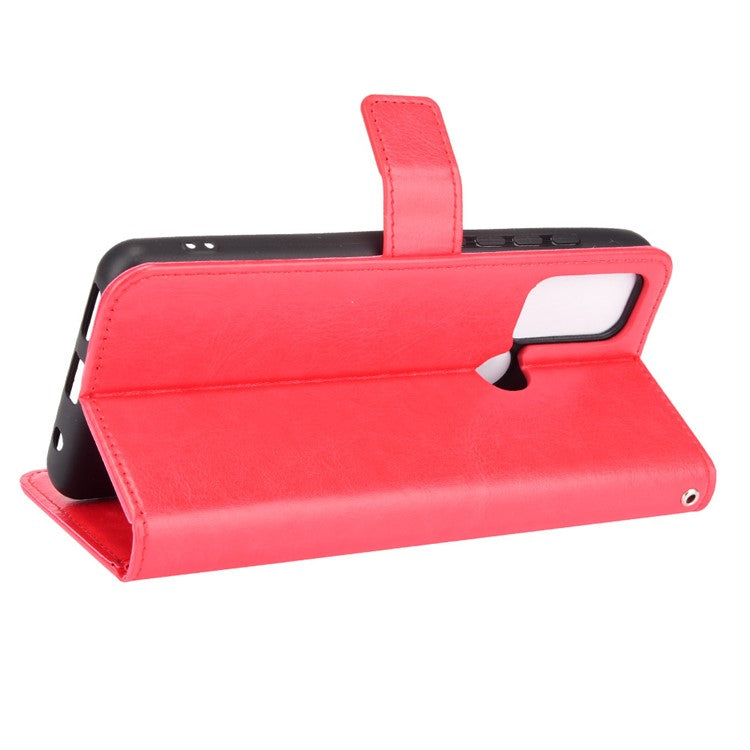 Shockproof Anti-Drop Crazy Horse Texture Leather Wallet Wrist Strap Design Phone Case with Stand for Motorola Moto G60S - Red