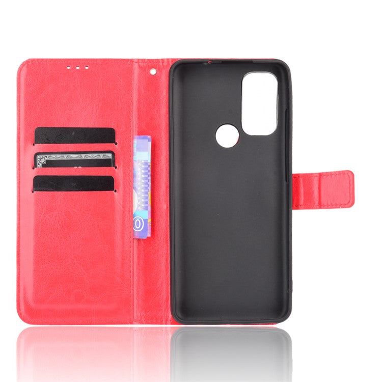 Shockproof Anti-Drop Crazy Horse Texture Leather Wallet Wrist Strap Design Phone Case with Stand for Motorola Moto G60S - Red