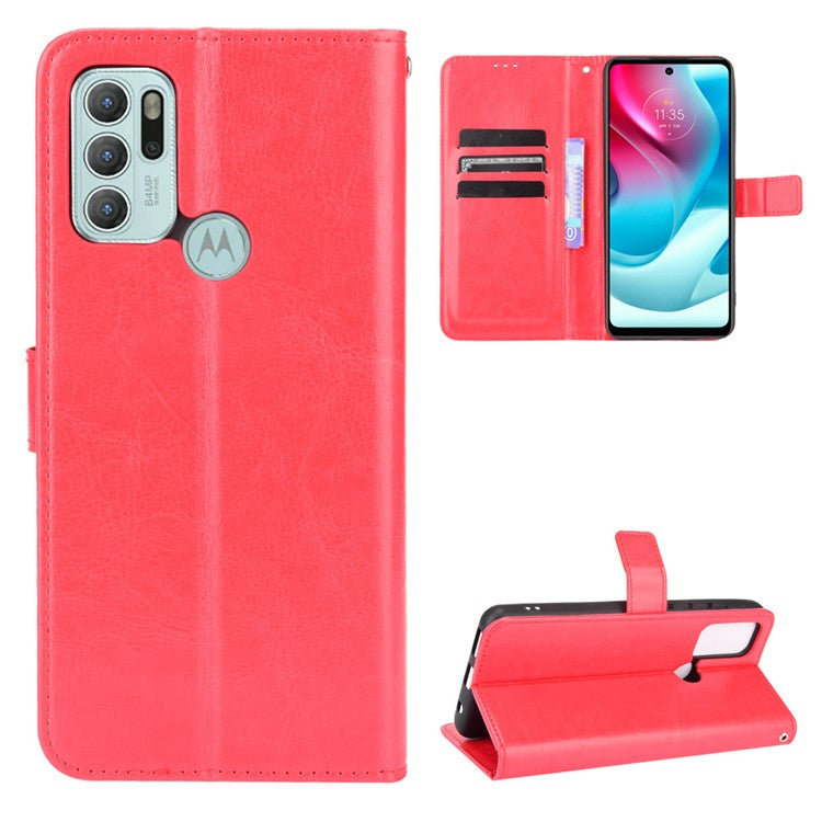 Shockproof Anti-Drop Crazy Horse Texture Leather Wallet Wrist Strap Design Phone Case with Stand for Motorola Moto G60S - Red