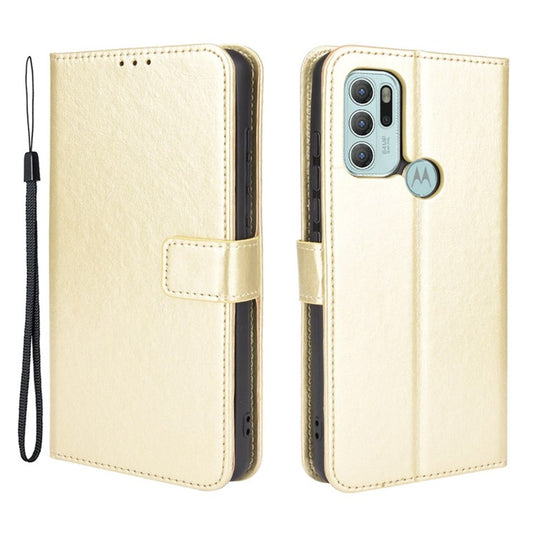Shockproof Anti-Drop Crazy Horse Texture Leather Wallet Wrist Strap Design Phone Case with Stand for Motorola Moto G60S - Gold