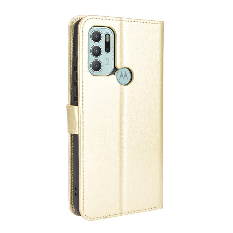 Shockproof Anti-Drop Crazy Horse Texture Leather Wallet Wrist Strap Design Phone Case with Stand for Motorola Moto G60S - Gold
