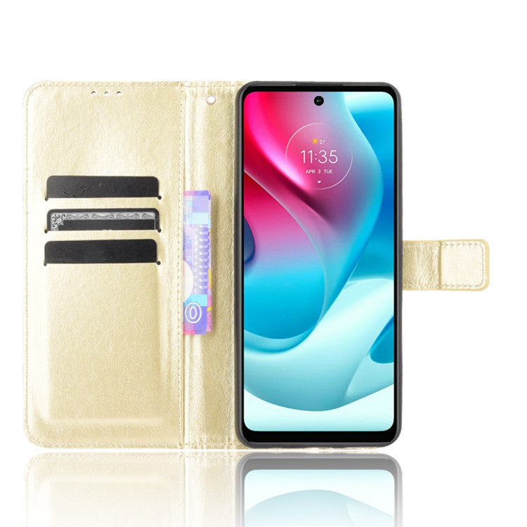 Shockproof Anti-Drop Crazy Horse Texture Leather Wallet Wrist Strap Design Phone Case with Stand for Motorola Moto G60S - Gold