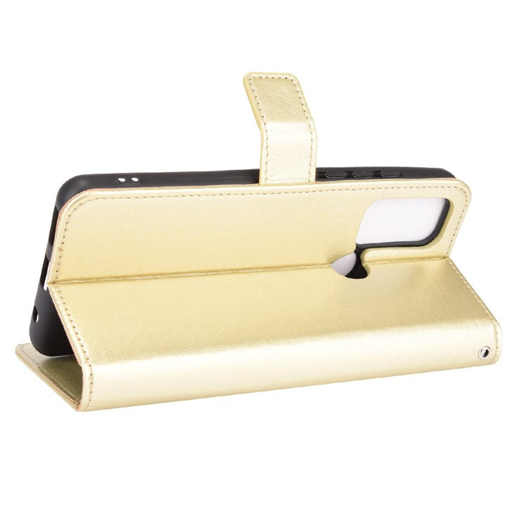 Shockproof Anti-Drop Crazy Horse Texture Leather Wallet Wrist Strap Design Phone Case with Stand for Motorola Moto G60S - Gold