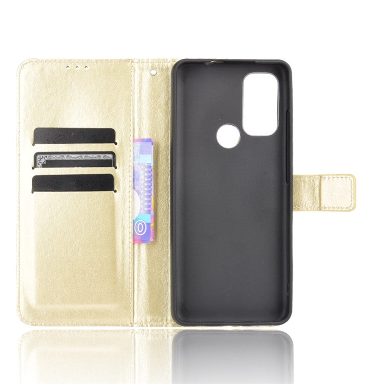 Shockproof Anti-Drop Crazy Horse Texture Leather Wallet Wrist Strap Design Phone Case with Stand for Motorola Moto G60S - Gold