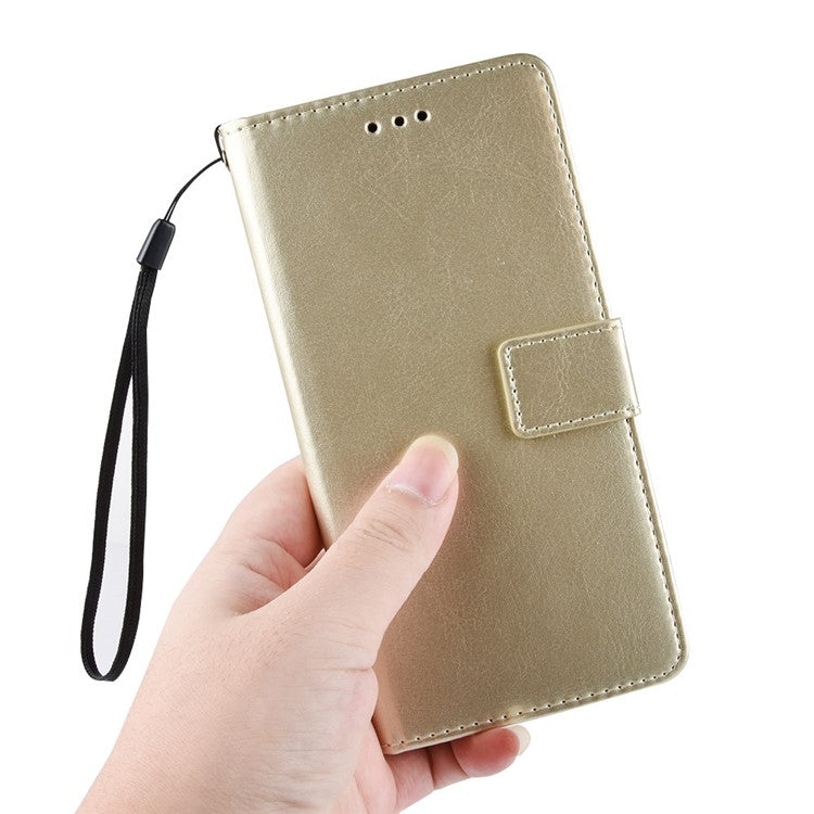 Shockproof Anti-Drop Crazy Horse Texture Leather Wallet Wrist Strap Design Phone Case with Stand for Motorola Moto G60S - Gold