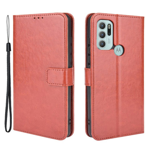 Shockproof Anti-Drop Crazy Horse Texture Leather Wallet Wrist Strap Design Phone Case with Stand for Motorola Moto G60S  - Brown