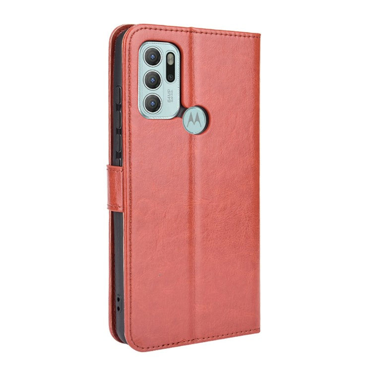 Shockproof Anti-Drop Crazy Horse Texture Leather Wallet Wrist Strap Design Phone Case with Stand for Motorola Moto G60S  - Brown