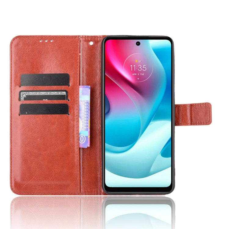 Shockproof Anti-Drop Crazy Horse Texture Leather Wallet Wrist Strap Design Phone Case with Stand for Motorola Moto G60S  - Brown