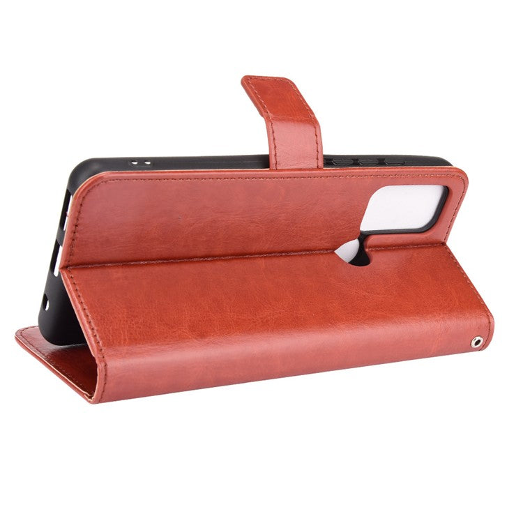 Shockproof Anti-Drop Crazy Horse Texture Leather Wallet Wrist Strap Design Phone Case with Stand for Motorola Moto G60S  - Brown